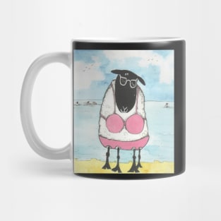 Sheep, at the beach. Mug